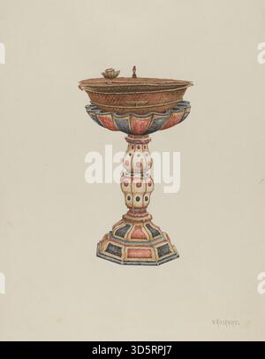 Ein Entwurf von William Kieckhofel um 1939 von einem Taufbecken mit Standfuß, mit Becken, Podest, dekorativen Schnitzereien, Proportionen, Materialien und funktionelle Details für die zeremonielle Verwendung in religiösen Umgebungen. Stockfoto