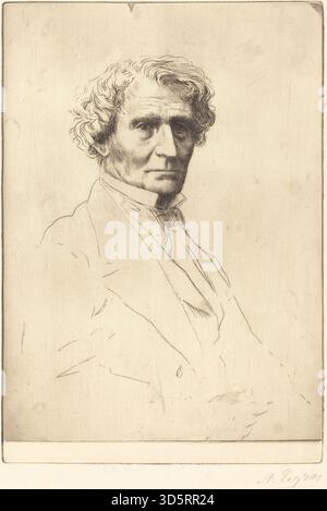 Dieses Porträt von Alphonse Legros zeigt den Komponisten Hector Berlioz und hebt Gesichtszüge, Ausdruck und Charakter hervor. Das Werk spiegelt europäische Porträtzeichnungstechniken und Realismus des 19. Jahrhunderts wider. Stockfoto