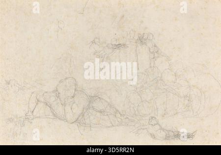 Dieses Studienblatt von John Flaxman enthält eine Reihe von Bleistift- und Tuschenskizzen, die die menschliche Anatomie, Vorhänge und klassische Figuren erforschen. Die Arbeit zeigt sorgfältige Beobachtung, lineare Präzision und kompositorische Experimente, die für Flaxmans vorbereitende Zeichnungen für neoklassische Skulpturen und Reliefs typisch sind. Stockfoto