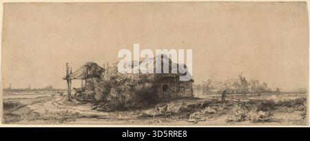 Rembrandt van Rijns längliche Landschaft aus dem Jahr 1641 zeigt ein Ferienhaus mit Heuscheune, Bäumen und umliegenden Feldern, die ländliche Architektur, Vegetation, Pathways und holländische Landschaftsmalerei im Goldenen Zeitalter. Stockfoto