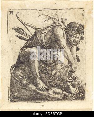 Dieser Druck von Altdorfer zeigt Herkules im Kampf mit dem Nemäischen Löwen und zeigt muskulöse menschliche Anatomie, die Form des Löwen, dynamische Bewegung und die Erzählkomposition der deutschen Renaissance des frühen 16. Jahrhunderts. Stockfoto