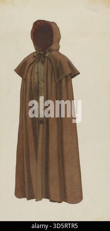 Dieses Werk von Ingrid Selmer Larsen aus dem Jahr 1936 zeigt einen Shaker-Damenmantel mit durchgehendem Kleidungsstück, schlichtem Schnitt, funktionellem Design, einfarbigem Stoff, bescheidener Stil und Shaker Damenbekleidung im 20. Jahrhundert. Stockfoto