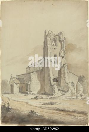 Dieses Gemälde aus dem späten 18. Jahrhundert von Hendrik Frans de Cort zeigt eine Ruine der Kirche mit architektonischem Verfall, umgebender Landschaft und stimmungsvoller Beleuchtung, typisch für die europäische romantische Landschaftsmalerei. Stockfoto
