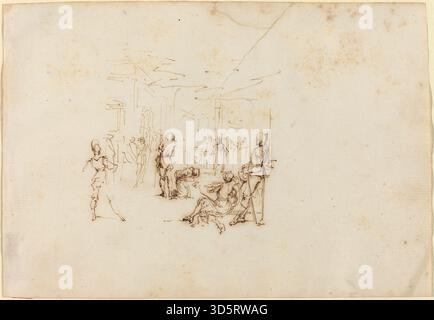 Diese Zeichnung mit Stift und brauner Tinte auf Büttenpapier, die dem italienischen Künstler Stefano della Bella (1610–1664) zugeschrieben wird, zeigt den Apostel Matthäus, der an einem Schreibtisch sitzt und eine Feder hält, mit einem offenen Buch vor ihm. Das Blatt misst etwa 12,9 x 18,7 cm und ist Teil der Sammlung Rosenwald. Es zeigt das Interesse des Künstlers an religiösen Themen und seine feine Zeichenkunst. :ContentReference[oaicite:0]{index=0} Stockfoto