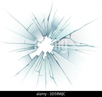 Zersplittertes Glas mit Rissen, die von einem zentralen Loch nach außen strahlen, erzeugt ein strukturiertes und abstraktes Muster auf weißem Hintergrund, das Konzepte vermittelt Stock Vektor