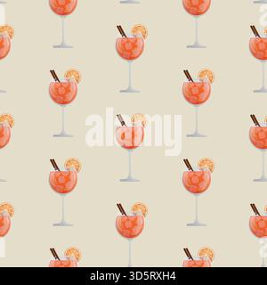 Nahtloses Muster von mit Spritz Cocktail mit Eis und Orange. Wiederholte Gläser auf einem pastellfarbenen Hintergrund. Niedliches Lebensmittelmuster, ideal für Verpackungen und Textilien Stock Vektor