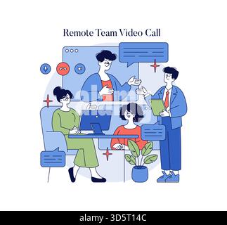 Vektor-Illustration eines Videoanrufs eines Remote-Teams mit vier Personen, die an einem virtuellen Meeting teilnehmen. Die Teilnehmer tauschen Ideen aus und interagieren in Sprechblasen, die Teamarbeit und Online-Zusammenarbeit widerspiegeln. Stock Vektor