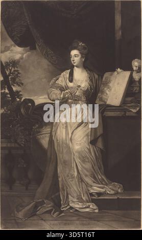 Dieser Stich von Thomas Watson aus dem Jahr 1770 nach Sir Joshua Reynolds stellt Lady Broughton dar, zeigt Gesichtszüge, Frisur und elegante Kleidung, was ein Beispiel für britische aristokratische Porträts aus dem späten 18. Jahrhundert darstellt. Stockfoto
