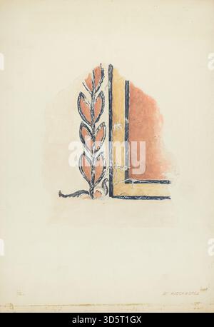 Dieses um 1939 entstandene Fragment eines Wandgemäldes von William Kieckhofel zeigt gemalte geometrische und ornamentale Motive, dekorative Oberflächen und angewandte künstlerische Elemente, die Innenarchitektur und Handwerkskunst widerspiegeln. Stockfoto