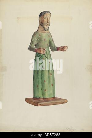 Eine Bulto-Skulptur von Carl O’Bergh aus dem Jahr 1938, gemalt in Holz geschnitzt, zeigt eine religiöse Figur mit detaillierten Merkmalen, Kleidungsstücken und hingebungsvollen Attributen, die das kirchliche Handwerk des frühen 20. Jahrhunderts repräsentiert. Stockfoto