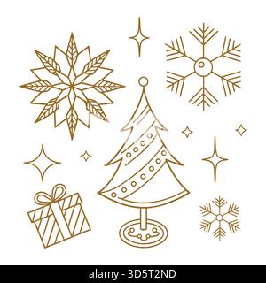 Minimal Gold Christmas Line Symbol Set – Eleganter Weihnachtsvektor Stock Vektor