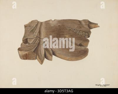 Eine Holzschnitzerei von Clayton Clements um 1943, die ornamentale Muster, Reliefschnitzertechniken, strukturierte Linien und kunstvolle Motive auf Holzmaterial zu dekorativen Zwecken zeigt. Stockfoto