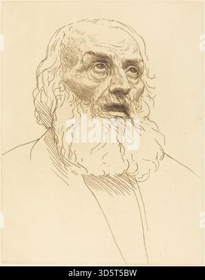 Diese Zeichnung von Alphonse Legros zeigt den Kopf eines alten Mannes mit Falten, Haaren und Gesichtsausdruck. Die Arbeit konzentriert sich auf Proportionen, anatomische Beobachtung und realistische Darstellung für die Porträtstudie. Stockfoto