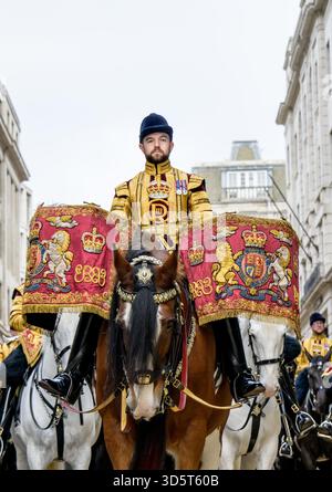 Die berittene Band der Household Cavalry und Drum Horse Major Apollo - 'Ed' - wartet auf den Start der Lord Mayor's Show, 8. November 2025. Stockfoto