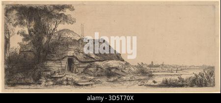 Rembrandt van Rijns Landschaft aus dem Jahr 1641 zeigt eine ländliche Szene mit einem Ferienhaus, einem großen Baum, einem Pfad und einer umgebenden Vegetation, die die Landschaftsmalerei des Goldenen Zeitalters der Niederlande, die Aufmerksamkeit auf Licht, Schatten und naturalistische Details veranschaulicht. Stockfoto