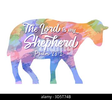 Der Herr ist mein Hirte, T-Shirt-Design mit Aquarellschafen. Psalm 23:1, Inspirationsschrift für Kinder- oder Jugendkleidung. Vektorabbildung Stock Vektor