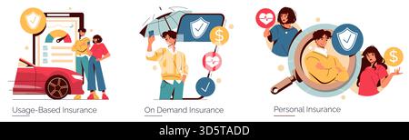 Vektorillustrationen, die moderne Versicherungskonzepte zeigen, einschließlich nutzungsbasierter, On-Demand- und persönlicher Versicherung. Zeigt Personen, die mit Versicherungssymbolen und -Geräten interagieren. Stock Vektor