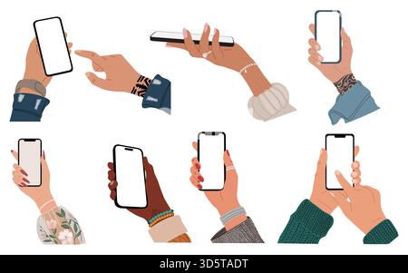 Set aus verschiedenen Händen, die das Mobiltelefon halten Stock Vektor