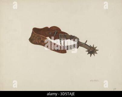 Ein Entwurf von William Kieckhofel um 1939, der einen Sporn mit Metallkraut, Lederarmband, funktionelles Design, Proportionen und handwerkliches Können für Reiten und Reittraining darstellt. Stockfoto