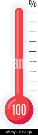 Das Thermometer erreicht 100 Prozent seiner Kapazität und zeigt die maximale Messung an. Es verwendet ein rot-weißes Farbschema für visuelle Darstellungen Stock Vektor