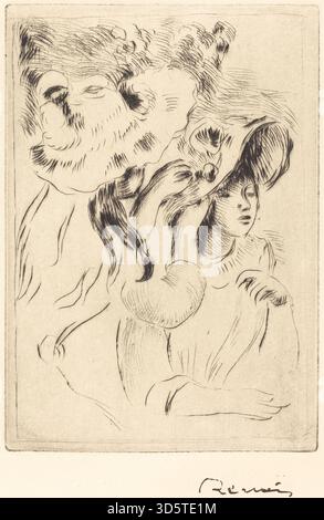 In dem 1894 gemalten Hutanhänger zeigt Renoir eine Frau, die einen Hut mit einer prominenten Nadel trägt. Das Gemälde konzentriert sich auf modische Details, Gesichtszüge und das Zusammenspiel von Licht und Farbe und zeigt Renoir Aufmerksamkeit für Porträts und Accessoires. Stockfoto