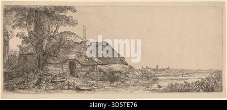 Rembrandt van Rijns Landschaftsgemälde aus dem Jahr 1641 zeigt ein Ferienhaus neben einem großen Baum mit einem Pfad und umliegenden Feldern, die naturalistische Details, Licht, Schatten und ländliche Landschaften des Goldenen Zeitalters betonen. Stockfoto