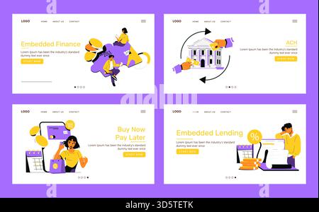 Vektorabbildung mit verschiedenen Konzepten für Finanztechnologien, einschließlich Embedded Finance, Ach-Transaktionen und Buy Now Pay später. Menschen, die mit digitalen Finanzelementen interagieren. Stock Vektor
