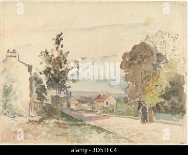 Ein Gemälde von Camille Pissarro um 1872, das eine Straße zwischen Versailles und Louveciennes zeigt, mit Reisenden, Bäumen, Himmel und umgebender Landschaft. Aufnahmen der ländlichen Landschaft und der Transportwege im Frankreich des 19. Jahrhunderts. Stockfoto