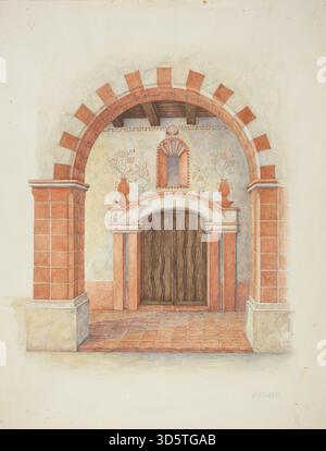 Dieses um 1939 entstandene Werk von William Kieckhofel zeigt eine Restaurierungszeichnung des Haupteingangs und des Bogens zu einem Missionshaus. Das Kunstwerk zeigt architektonische Details, Bogenkonstruktion, Mauerwerk, Perspektive und Designdokumentation, die die amerikanische Architekturillustration des frühen 20. Jahrhunderts widerspiegelt. Stockfoto