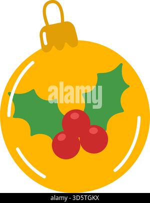 Gelbe Kugel, Weihnachtsschmuck mit stechpalmenblättern und roten Beeren, mit goldener Kappe und Schlaufe. Bunte Illustration des flachen Vektors. Für Weihnachtsgrußkarte, Winterdekor, festliche Abziehbilder, Aufkleber Stock Vektor