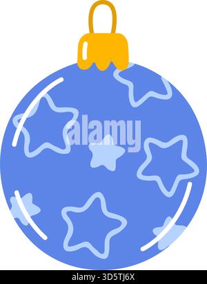 Blaue Kugel, Weihnachtsschmuck mit Sternen, goldener Kappe und Schlaufe. Bunte Illustration des flachen Vektors. Für Weihnachtsgrußkarten, Winterdekor, festliche Abziehbilder, Aufkleber Stock Vektor