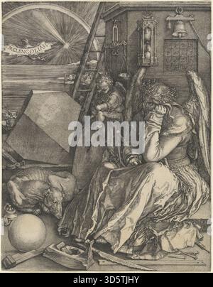 MELENCOLIA I (1514) von Albrecht Dürer ist ein detaillierter Gravur auf Büttenpapier, der eine allegorische Melancholienfigur darstellt, umgeben von geometrischen Formen, Werkzeugen, einem schlafenden Hund und symbolischen Objekten, die Präzision, Präzision und Präzision betonen. Perspektive und Nördliche Renaissance-Gravur. Stockfoto