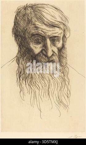 Diese Zeichnung von Alphonse Legros zeigt den Kopf eines Philosophen mit Gesichtsausdruck, Bart und Haar in detaillierter Darstellung. Die Arbeit konzentriert sich auf das Studium menschlicher Merkmale, Charakter und Proportionen in einem Porträt. Stockfoto