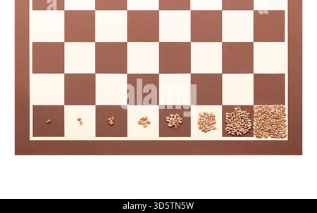 Weizen- und Schachbrettproblem. Die Kraft des exponentiellen Wachstums durch Verdoppelung, dargestellt auf den ersten acht Feldern. Stockfoto