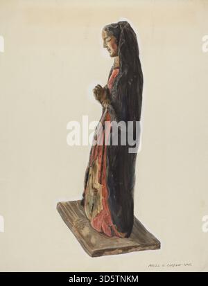 Ein Bulto von Majel G. Claflin um 1939, der Santa Rita darstellt, in Holz geschnitzt und bemalt. Das Kunstwerk betont religiöse Ikonographie, menschliche Form, Geste und hingebungsvollen Ausdruck. Stockfoto