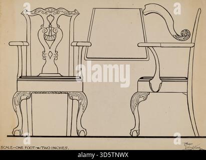 Ein Sessel aus dem Jahr 1936 von Rolland Livingstone mit gepolsterten Kissen, einem geschnitzten Holzrahmen und geschwungenen Stützen. Das Design spiegelt frühmodernen Möbelstil und Handwerkskunst wider. Stockfoto
