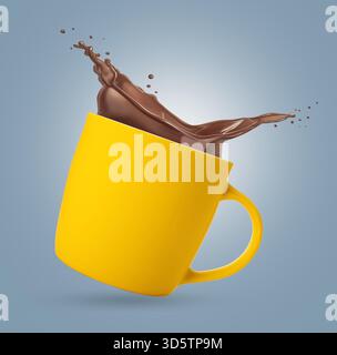 Leckeres Kakaogetränk, das in der Tasse vor grauem Hintergrund spritzt Stockfoto