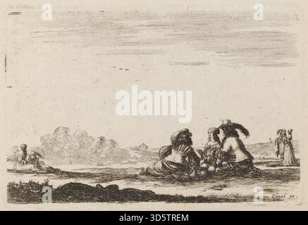 Dieser Druck von Stefano Della Bella aus dem Jahr 1642 zeigt Herren und Damen, die sich unterhalten. Das Werk betont menschliche Figuren, Kleidung, Haltung, Geste, Inneneinrichtung oder Gartengestaltung sowie italienische Drucktechniken aus der Mitte des 17. Jahrhunderts. Stockfoto