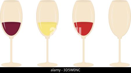 Klassische Weinbrille mit verschiedenen Weinsorten Burgunderweiße Rose und leerem Goblet Minimal Flat Design. Isolierte Vektor-Illustration Wein thematisiert Menü Karten Party Einladung Banner, Faltblatt, Etikett, Preisschild Stock Vektor