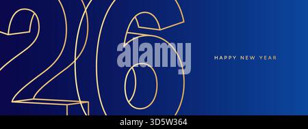 2026 Banner, Happy New Year 2026 Kartenhintergrund mit goldener Liniennummer auf blauem Hintergrund, minimalistisches Umrisslogo und Text, Grußkarte Design Temp Stock Vektor