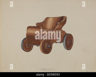 Ein Spielzeugauto von Wilbur M Rice um 1938, aus Holz mit lackierten Details, Rädern und einem Miniaturdesign zum Spielen. Stockfoto