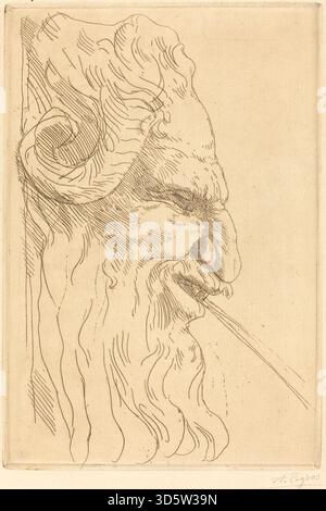 Dieses Werk von Alphonse Legros zeigt den Kopf eines Satyrn mit Gesichtszügen, Ausdruck und Haaren oder Hörnern. Die Zeichnung betont phantasievolles Studium, Anatomie und künstlerische Technik. Stockfoto