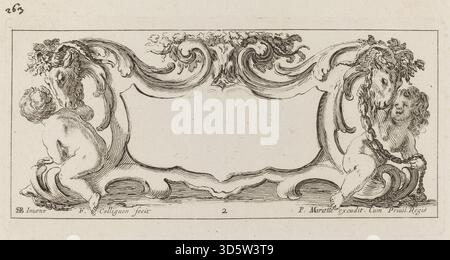 Ein Stich einer barocken Kartusche von Francois Collignon nach Stefano Della Bella aus der Zeit um 1646, der dekorative Motive, ornamentale Rahmen und Designkonventionen des 17. Jahrhunderts hervorhebt. Stockfoto