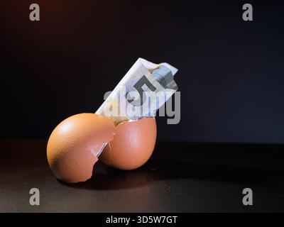 Euro-Banknote in zerrissener Eierschale – Eine fünf-Euro-Banknote, die aus einer zerrissenen Eierschale auf dunklem Hintergrund hervorgeht und Finanzwachstum, Ersparnisse, Stockfoto