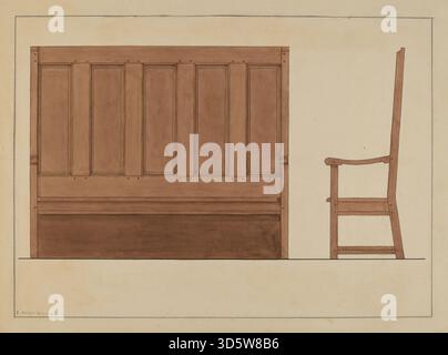 Ein Sofa, das von B. Holst Grubbe um 1936 entworfen wurde, mit einem Holzrahmen, gepolsterten Sitzgelegenheiten und einem minimalistischen Design, das für Möbel aus dem frühen 20. Jahrhundert charakteristisch ist. Stockfoto