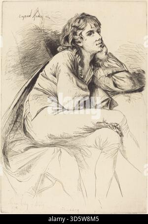Dieses Porträt von Francis Seymour Haden nach Joseph Wright, 1864, zeigt Thomas Haden von Derby. Das Kunstwerk zeigt eine sitzende männliche Figur mit Kleidung aus dem 19. Jahrhundert, detaillierten Gesichtszügen, Händen und realistischer Beleuchtung. Stockfoto