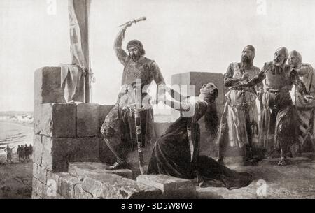 Alonso Pérez de Guzmán verteidigt die spanische Burg Tarifa 1296 gegen die Mauren im Auftrag von Sancho IV. Von Kastilien. Guzmán Sohn war unter die Obhut von Don Juan gestellt worden, Sanchos rebellischem Bruder, der drohte, den Gefangenen zu töten, wenn Guzmán die Stadt nicht kapitulierte. Guzman warf sein Messer herunter, damit die Belagerer seinen Sohn töten konnten. Alonso Pérez de Guzmán, 1256–1309, alias Guzmán el Bueno. Spanischer Adliger und Held Spaniens. Nach dem Gemälde von Salvador Martínez Cubells Stockfoto