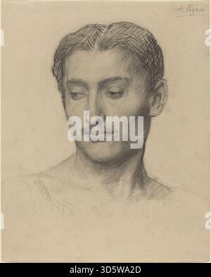 Diese Zeichnung von Alphonse Legros zeigt den Kopf eines jungen Mannes mit Gesichtszügen, Haaren und Ausdruck. Die Arbeit konzentriert sich auf Anatomie, Proportionierung und detaillierte Beobachtung bei Porträtaufnahmen. Stockfoto