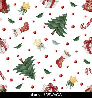 Ein nahtloses Weihnachtsmuster mit Weihnachtsbäumen, Strümpfen, Geschenken, Süßigkeiten, stechpalme, und Ornamente in sanftem Aquarellstil; ideal zum Einpacken von Papier, t Stockfoto