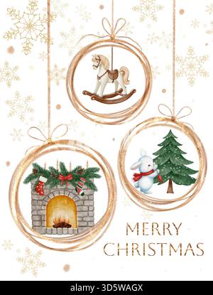 Weihnachtskarte mit Aquarellornamenten mit Schaukelpferd, festlichem Kamin und süßem Häschen mit Baum, umgeben von goldenen Schneeflocken. Id Stockfoto